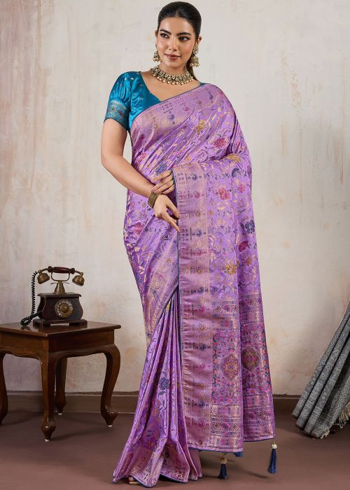 Lavender Satin Saree With Zari Woven Pallu
