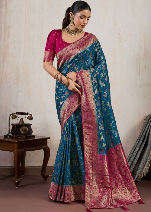 Teal Blue Satin Saree With Zari Border
