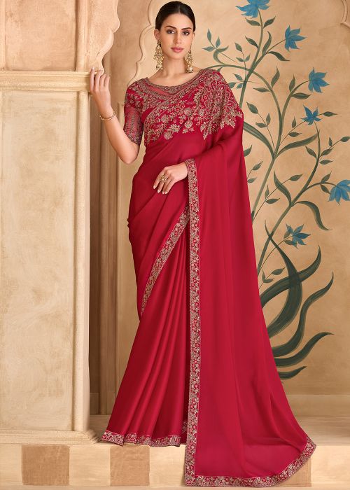 Red Georgette Saree With Dori Border