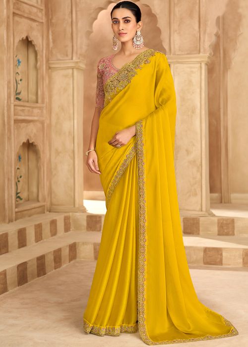 Yellow Chiffon Saree With Floral Work