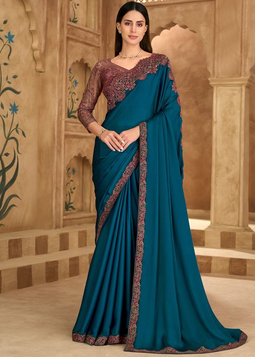Teal Blue Chiffon Saree With Embroidered Border