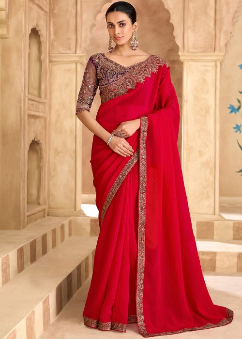 Red Georgette Saree With Statement Border