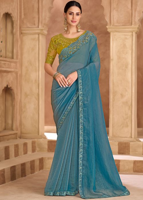 Sky Blue Tissue Saree With Dori Embroidery