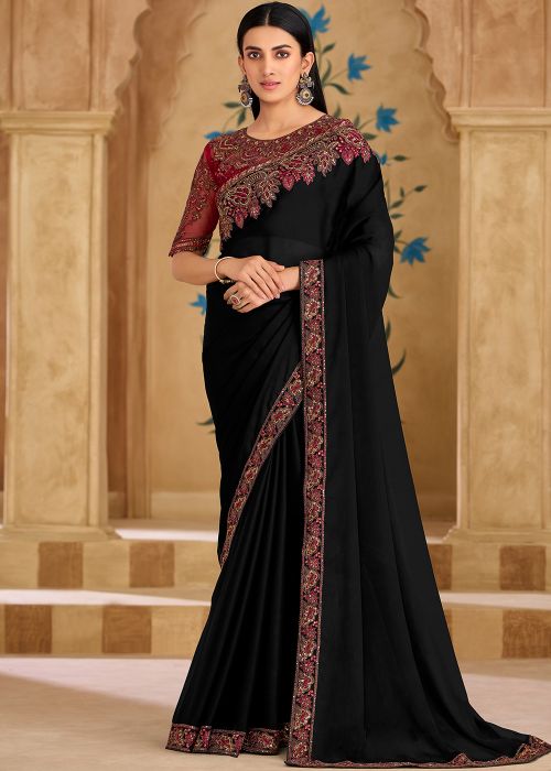 Black Silk Saree With Embroidered Lace