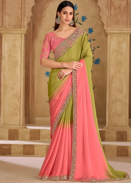 Green Georgette Saree With Ombre Pallu