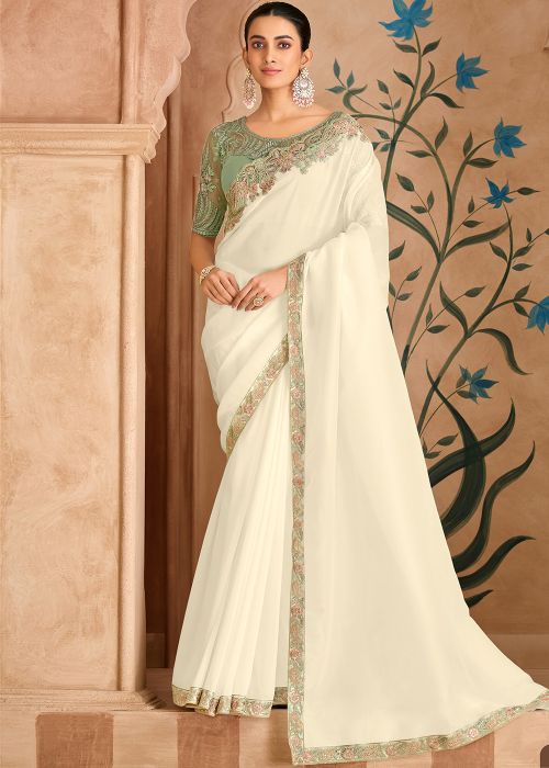 White Satin Saree With Pastel Border