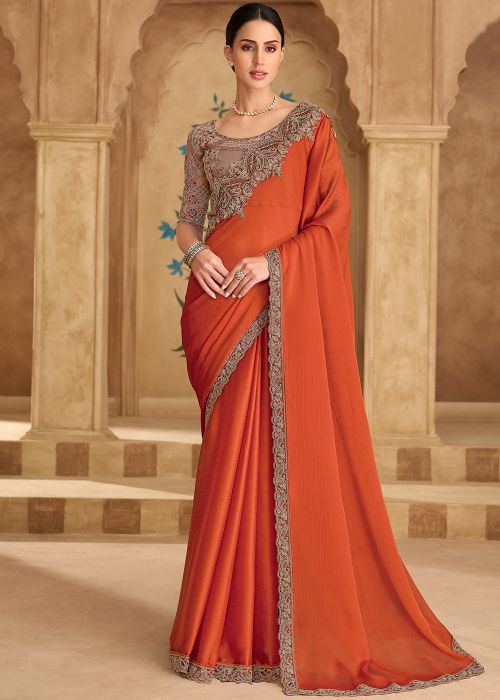 Rust Orange Satin Saree With Antique Embroidery