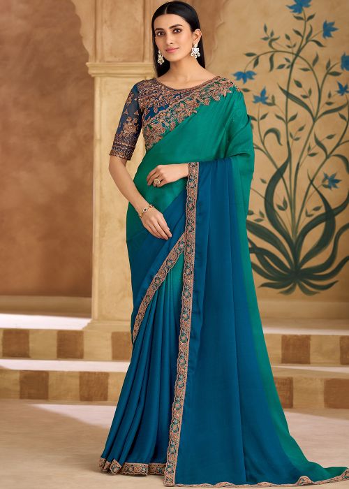 Shaded Blue Chiffon Saree With Copper Embroidery