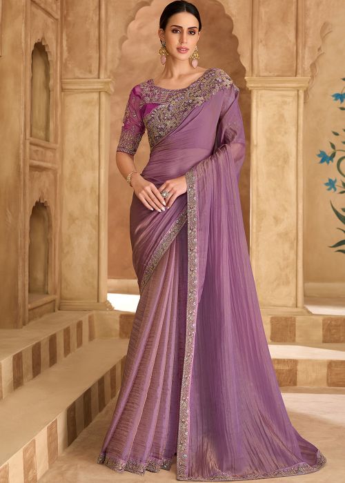 Lavender Tissue Saree With Pastel Embroidery