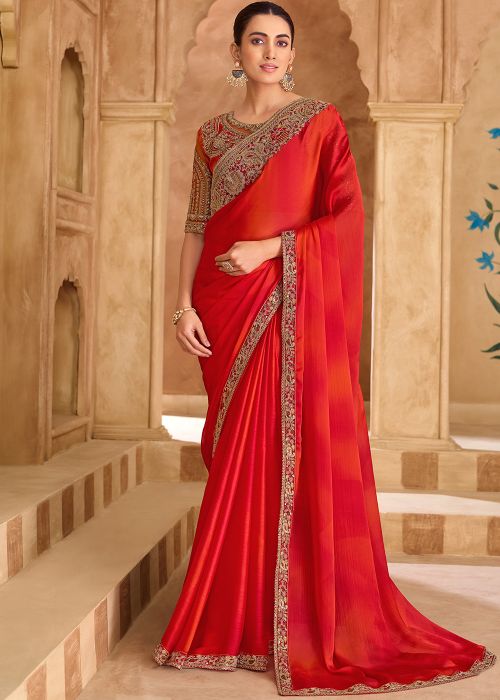 Red Chiffon Saree With Gold Thread Embroidery