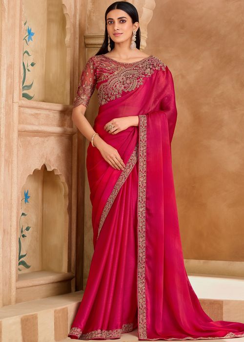 Pink Satin Saree With Intricate Embroidery