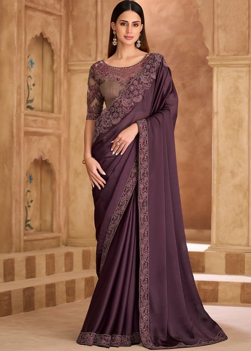 Purple Satin Saree With Embroidered Detailing
