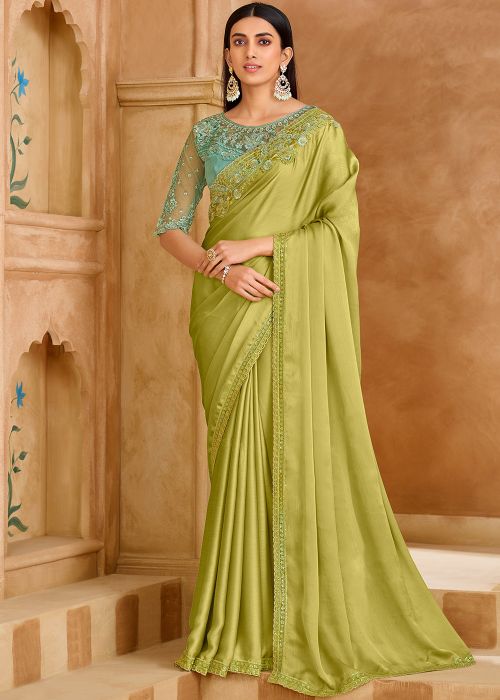 Green Satin Saree With Delicate Embroidery