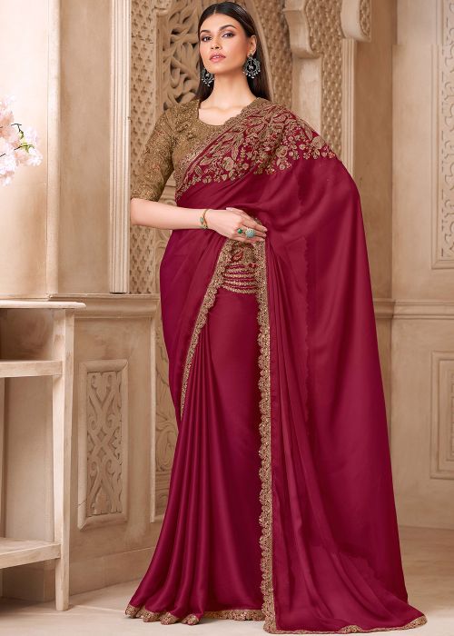 Wine Satin Saree With Gold Sequin Detailing