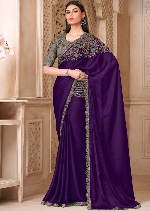 Royal Purple Satin Saree With Embroidery