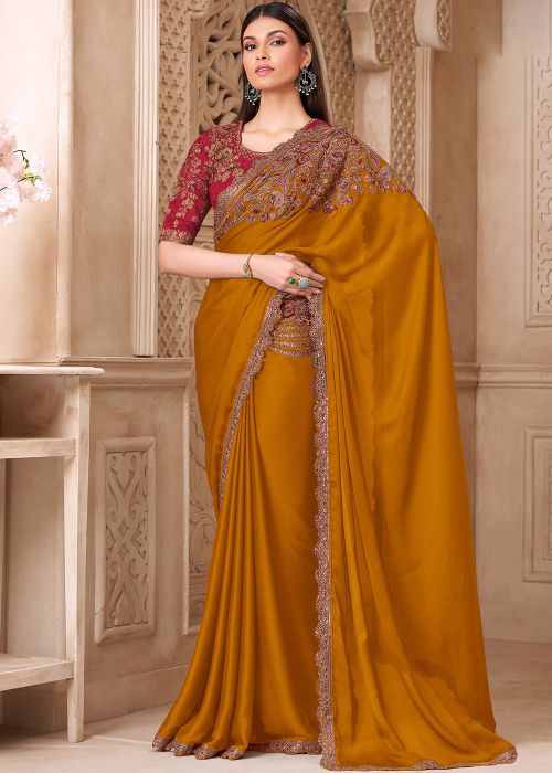 Mustard Yellow Satin Saree With Sequin Border