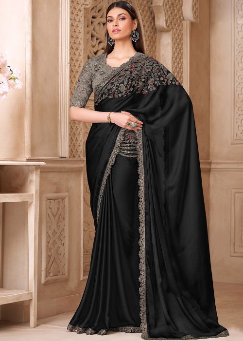 Black Satin Saree With Thread Embroidery