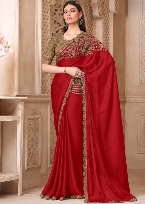 Red Satin Saree With Sequin Border Work
