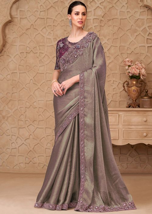 Twilight Mauve Purple Satin Saree With Floral Work