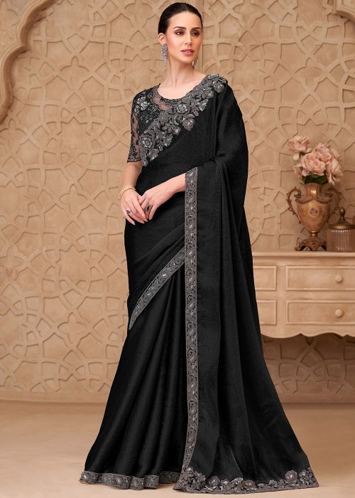 Black Satin Saree With Silver Embroidery