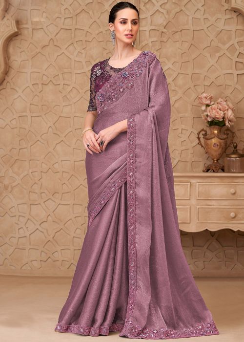 Dusty Rose Pink Satin Saree With Dori Detail