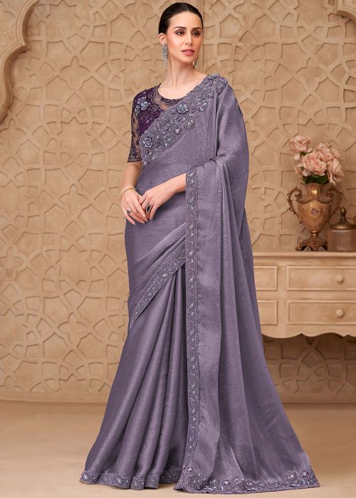 Grey Satin Saree With Floral Embroidered Work