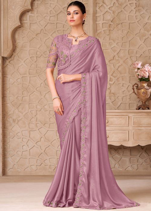 Lavender Satin Saree With Floral Embroidery