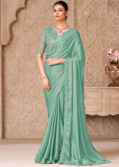 Turquoise Satin Saree With Embellished Blouse