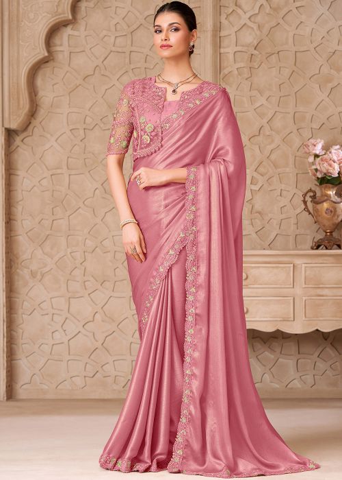 Rose Pink Satin Saree With Sequins Work