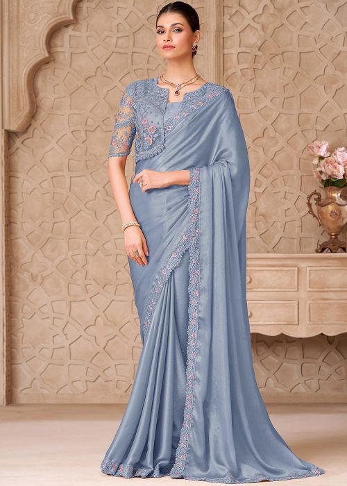 Steel Blue Satin Saree With Bead Detailing