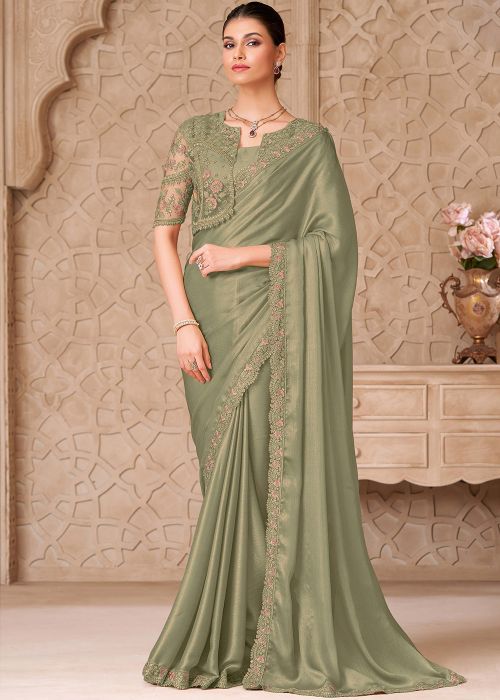 Sage Green Satin Saree With Embroidery