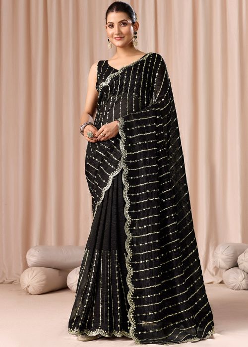 Black Crape Saree With Sequins Work