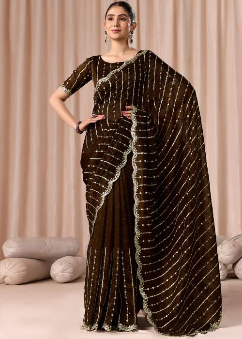 Brown Crape Saree With Embroidered Detail