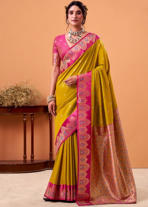 Mustard Yellow Satin Saree With Zari Border