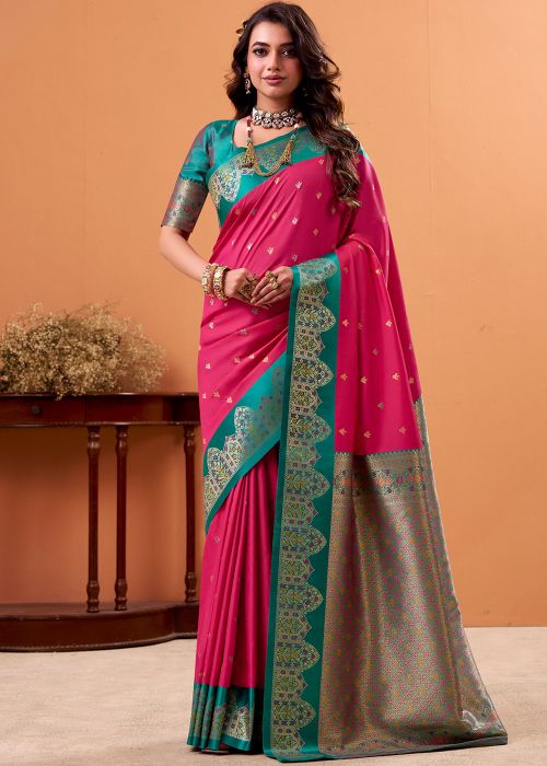 Pink Satin Saree With Teal Blue Zari Pallu