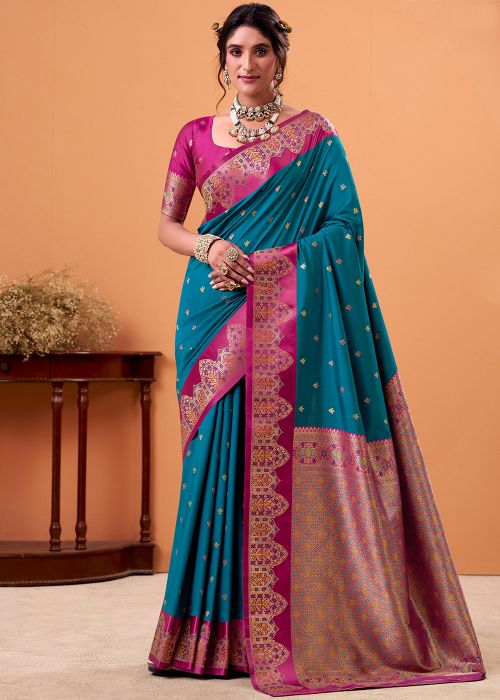 Teal Blue Satin Saree With Zari Woven Accent