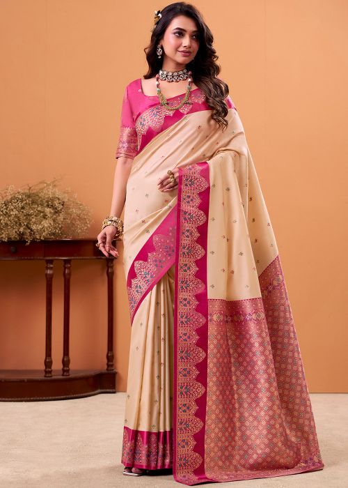 Cream Satin Saree With Zari Woven Pallu
