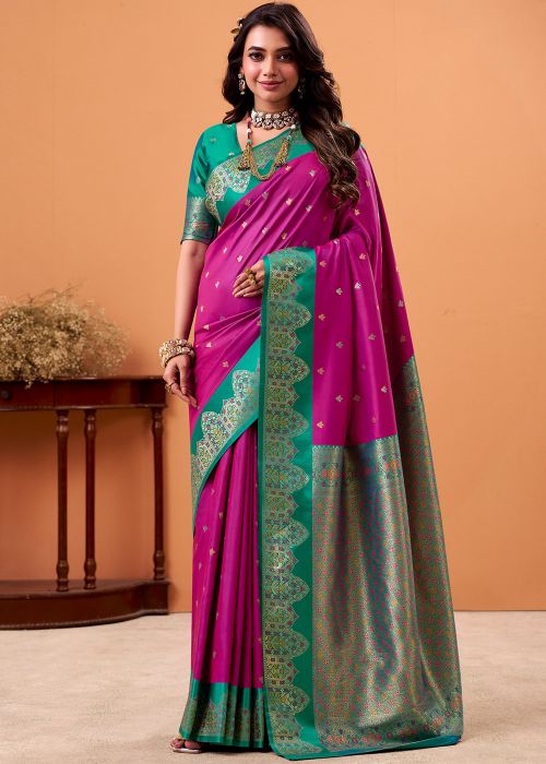 Magenta Satin Saree With Zari Woven Border