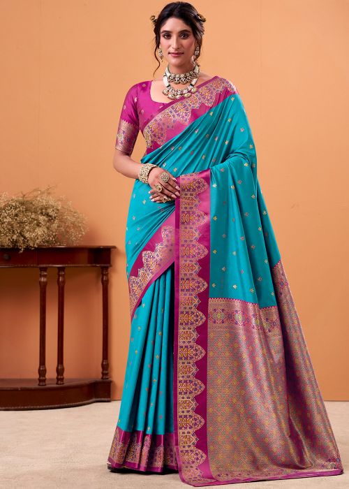 Teal Blue Satin Saree With Zari Work Border