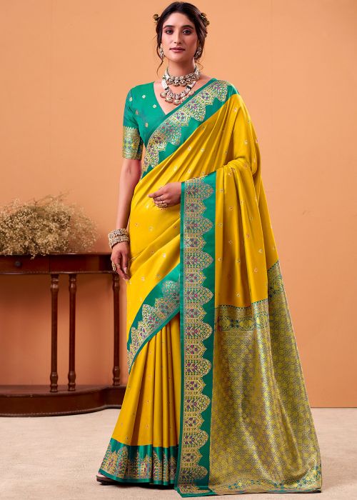 Yellow Satin Saree With Zari Woven Detail