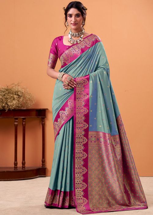 Grey Satin Saree With Woven Border