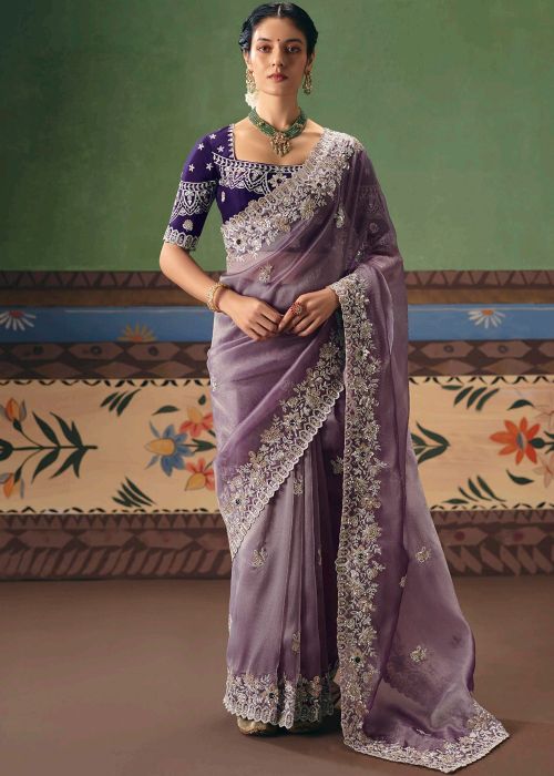 Lavender Silk Saree With Sequin Border