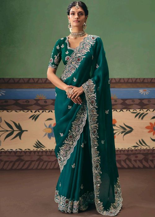 Teal Green Silk Saree With Embroidered Border