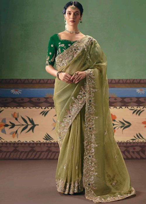 Light Green Saree With Floral Embroidery Border