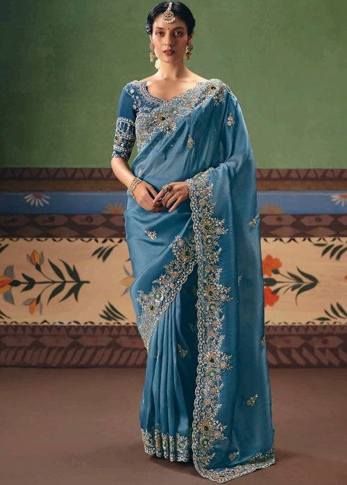 Steel Blue Silk Saree With Scalloped Border