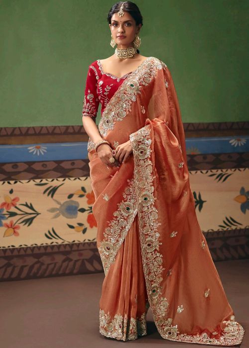 Orange Silk Saree With Embellished Border