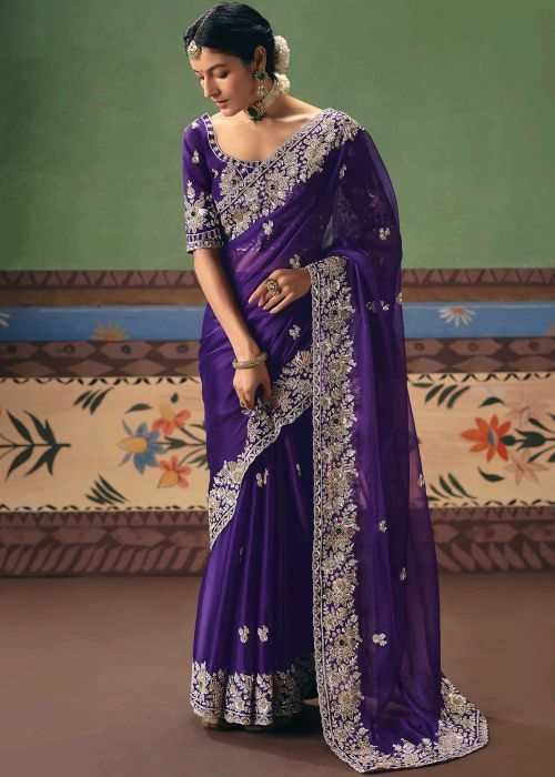 Purple Silk Saree With Sequins Embroidery