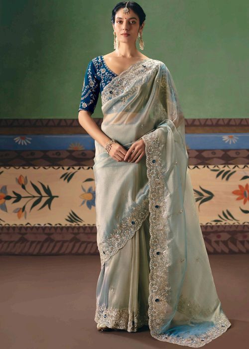 Ice Blue Silk Saree With Detailed Border