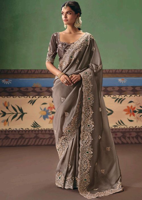 Brown Silk Saree With Sequin Accents