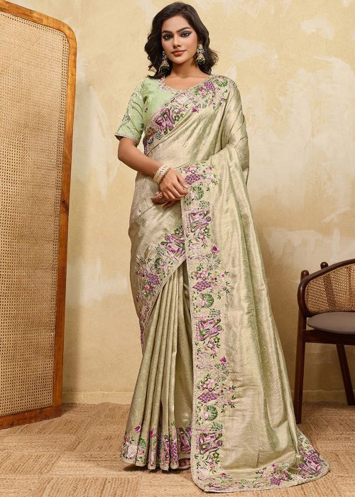 Sage Green Art Silk Saree With Floral Border